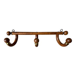 Rustic Early American Wood and Brass Wall Coat Rack For Sale