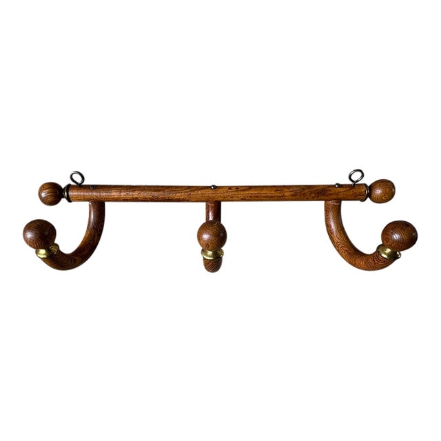 Rustic Early American Wood and Brass Wall Coat Rack For Sale