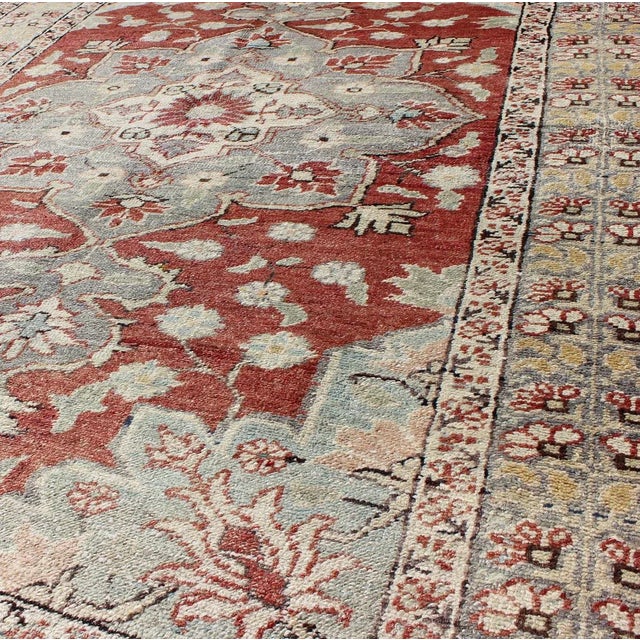 Mid 20th Century Vintage Turkish Sivas Fine Rug in Red, Light Blue, Gray & Light Yellow Green For Sale - Image 5 of 7