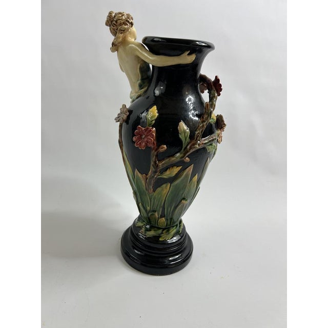 Ceramic Art Nouveau Barbotine Vase with Female Figure in Relief from GL Lorraine, France, 1900s For Sale - Image 7 of 11