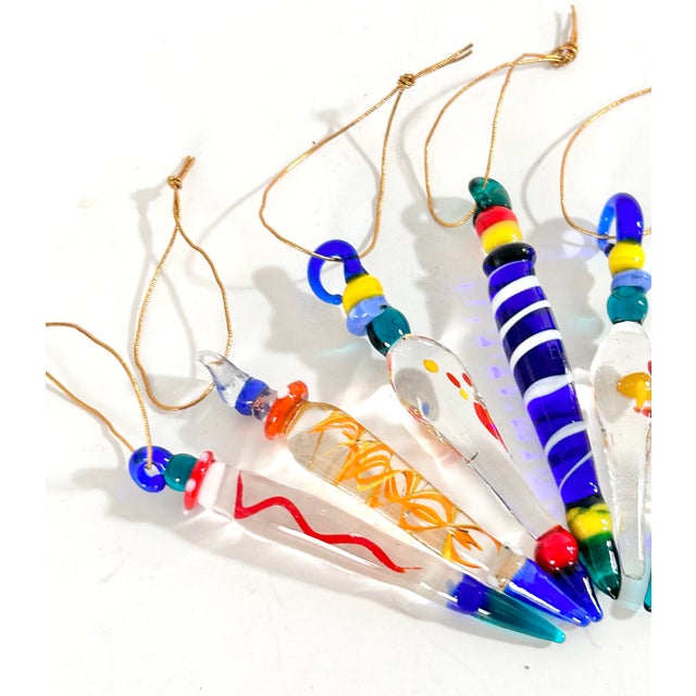 Vintage Handblown Art Glass Icicle Christmas Ornaments, Multicolor Set of 6 For Sale - Image 4 of 8