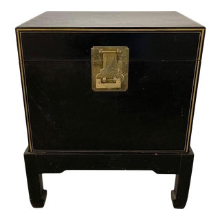 Chinese Black Leather Trunk on Stand with Brass Lock and Handles, 20th Century For Sale