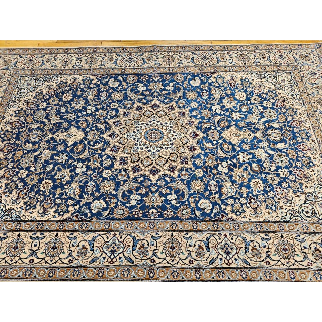 Vintage Persian Nain Area Rug, Hand-Knotted Wool & Silk, Floral Pattern, 6x9, Royal Blue & Ivory For Sale - Image 12 of 16
