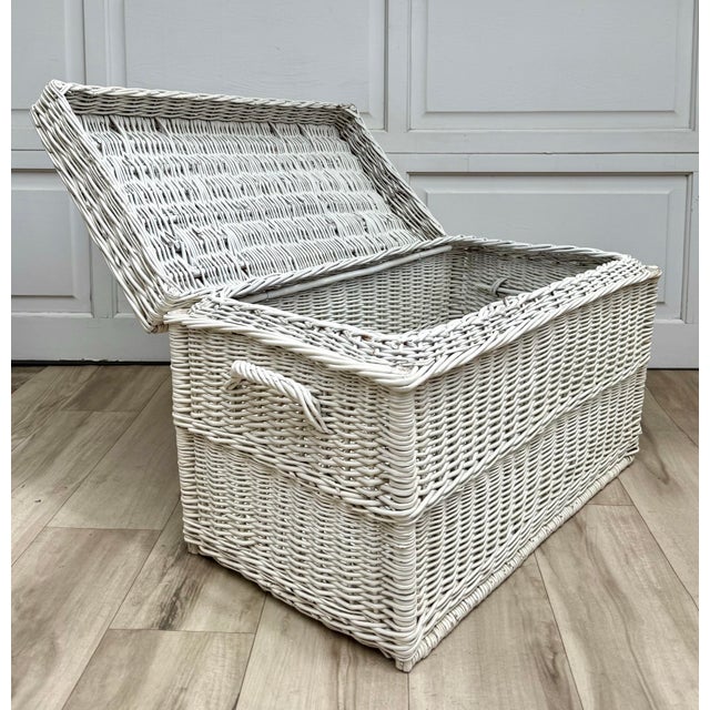 Farmhouse Vintage White Wicker Blanket Chest Coffee Table With Glass Top For Sale - Image 3 of 12