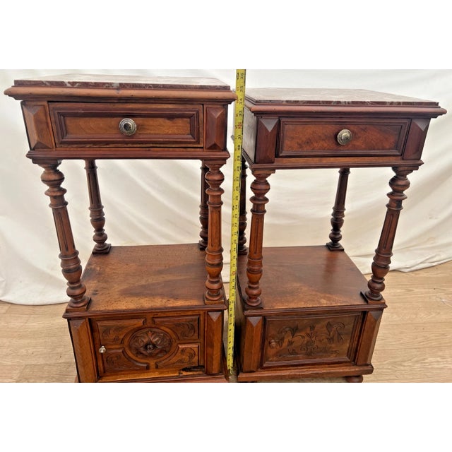 Antique French Renaissance Revival Nightstands Marble Top Commode Bed Cabinets For Sale - Image 9 of 12