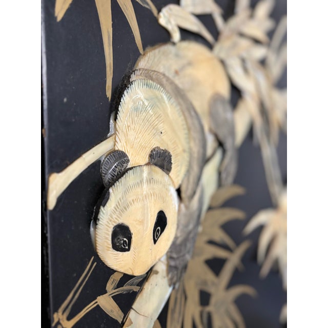 Onyx Early 19th Century Large 4 Panel, Room Divider/ Work of Art. Carved Mother-of-Pearl on Ebony Enamel Wood Depicting Family of Pandas. For Sale - Image 8 of 9