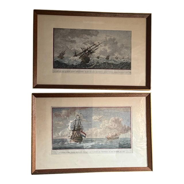 Set of Two 18th Century Dutch Navy Netherlands Hand Colored Maritime Etchings Reproduction For Sale