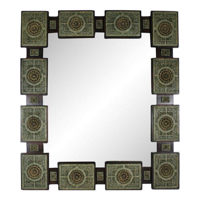Mid-Century Arte-Mex Malachite Stone Resin and Wood Mirror For Sale