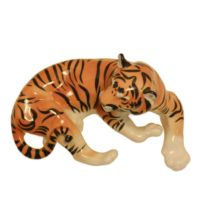 Orange Large Hand-Painted Lomonosov Porcelain Lying Tiger by Boris Vorobiev For Sale - Image 8 of 10