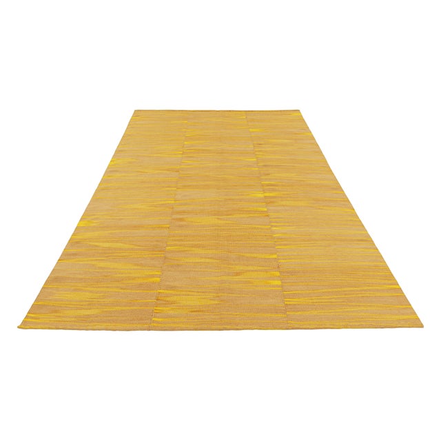 Contemporary Rug & Kilim’s Contemporary Kilim in Yellow and Beige-Brown Stripes and Geometry For Sale - Image 3 of 7