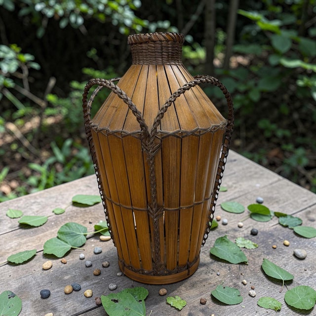 This is a vintage Japanese hand-woven bamboo cormorant fishing basket, traditionally used to store fish caught by trained...