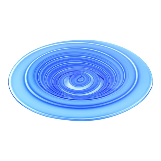 Mid 20th Century Mid Century Modern Hand Blown Blue Swirl Glass Centerpiece Dish Venetian Art Signed For Sale