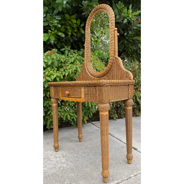 Contemporary Vintage Wicker & Rattan Vanity Table With Oval Mirror and Drawer For Sale - Image 3 of 15