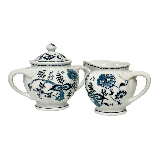 1970s Vintage Japanese Chinoiserie Meissen Blue Danube Creamer & Covered Sugar For Sale