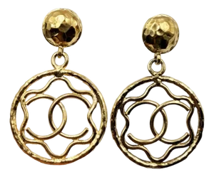 Chanel Vintage Gold Plated Hammered Round Ruffle CC Large Dangle Clip on Earrings, A Pair