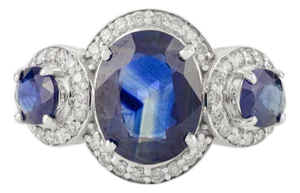 2.6 Carat Deep Blue Sapphire Three Stone Diamond Ring Size 7 in 14k Gold