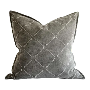 Gray Stone Washed Linen Pillows With Diamond Frayed Details