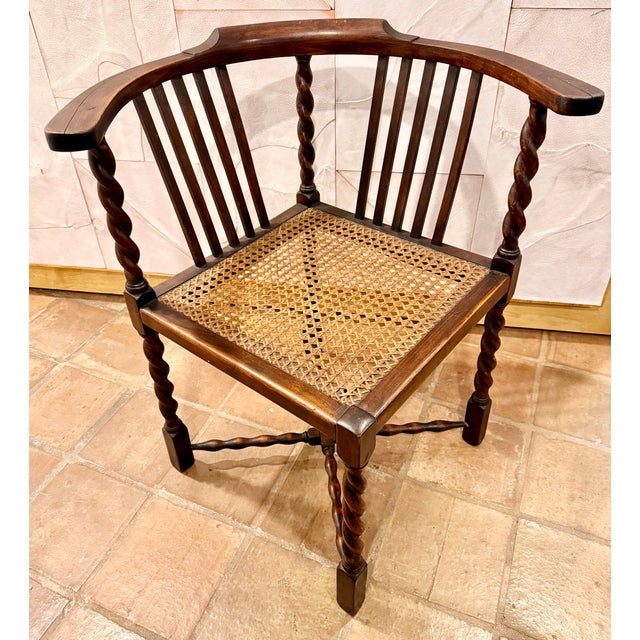 Antique English Oak Corner Chair Featuring a Woven Cane Seat With Barley Twist Legs, Posts, & Stretchers For Sale - Image 12 of 12