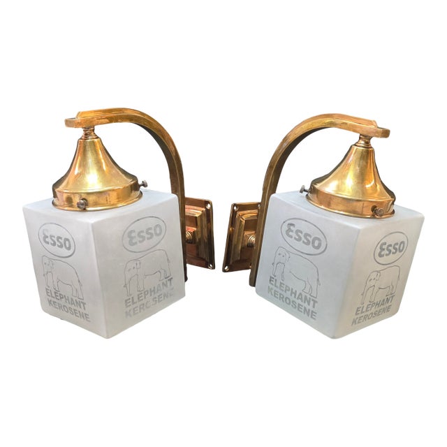 Vintage Art Deco Light Old Lamp Wall Sconces Fixture Brass & Esso Kerosene Cube Glass Shade Ship Light - a Pair For Sale