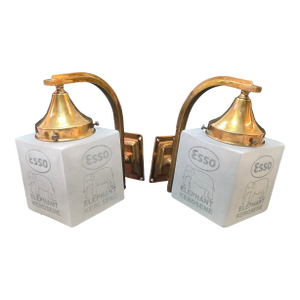 Vintage Art Deco Light Old Lamp Wall Sconces Fixture Brass & Esso Kerosene Cube Glass Shade Ship Light - a Pair