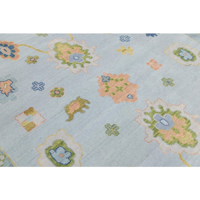 Modern Oushak Style Hand-Knotted Wool Rug in Ice Blue, Blush & Sage For Sale - Image 9 of 12