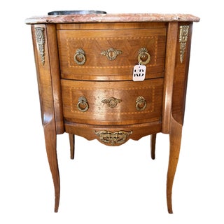 Early 20th Century French Provincial Walnut Marquetry 2-Drawer Side Table With Stone Top For Sale