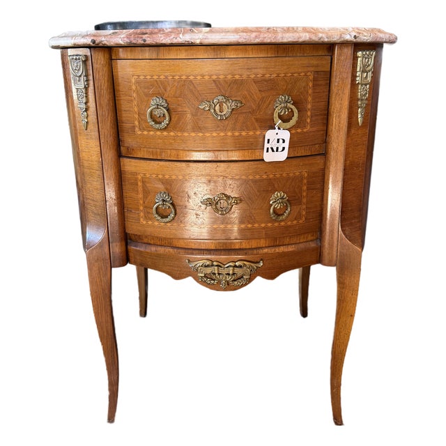 Early 20th Century French Provincial Walnut Marquetry 2-Drawer Side Table With Stone Top For Sale