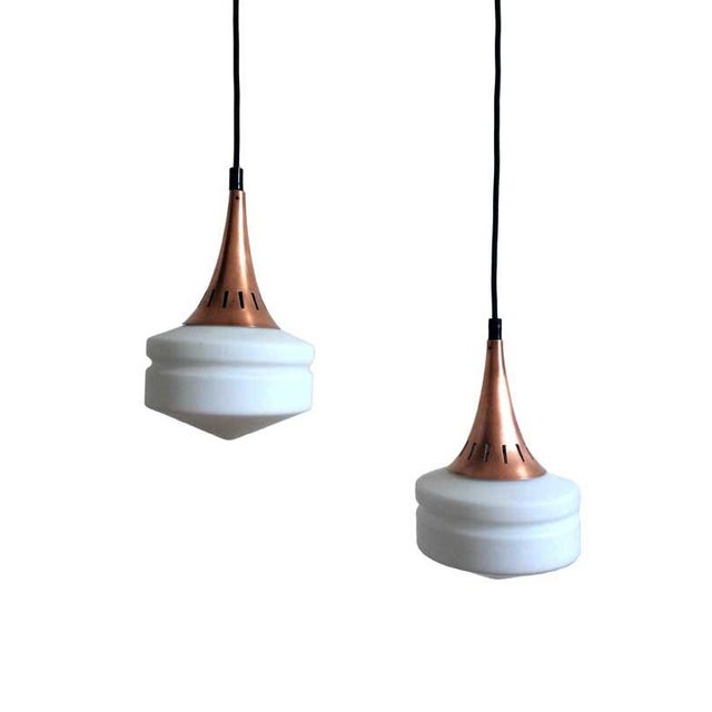 Mid-Century Modern Copper & Milky White Glass Pendant Lamp, 1960s For Sale - Image 3 of 6