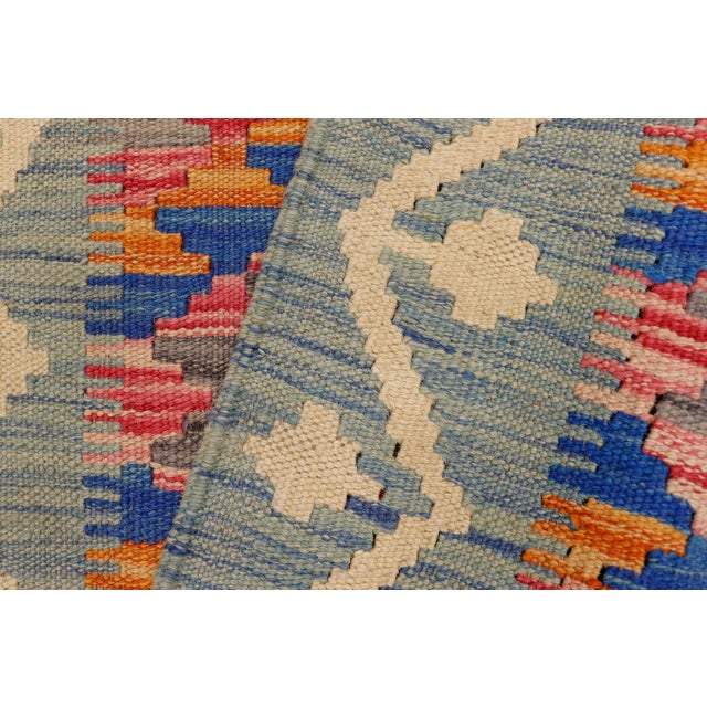 Gray Boho Chic Turkish Kilim Blue Beige Hand-Woven Wool Rug For Sale - Image 8 of 9
