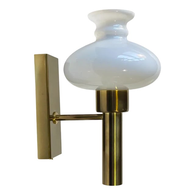 Scandinavian Modern Brass & Opaline Glass Wall Sconce from Vitrika, 1970s For Sale