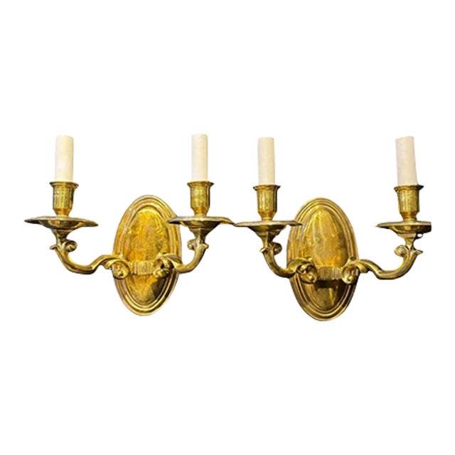 1920 Gilt Bronze Colonial Style Sconces Two Lights For Sale
