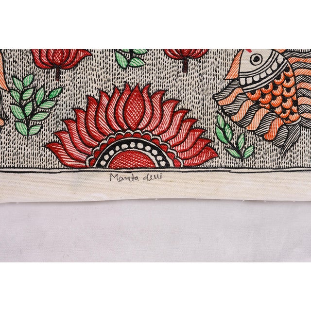 Folk Art Mamta Devi National Award Winner (2016), Hand-Painted Madhubani Folk Art, Tree of Life With Peacocks, Fish & Intricate Foliage For Sale - Image 3 of 4