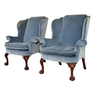 Kindel Furniture Chippendale Carved Mahogany Blue Velvet Upholstered Wingback Lounge Chairs, Pair For Sale