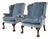 Kindel Furniture Chippendale Carved Mahogany Blue Velvet Upholstered Wingback Lounge Chairs, Pair For Sale