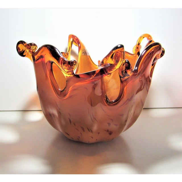 Murano Art Glass Bowl Blown White Crystal Rich Orange Color Mint