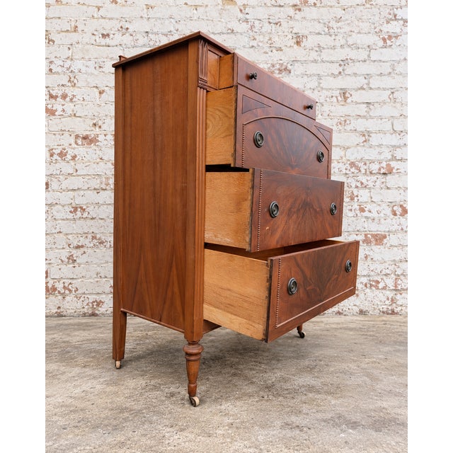 Brown Vintage French Regency Style Solid Wood 4 Drawer Highboy Dresser on Wheels and Original Hardware For Sale - Image 8 of 8