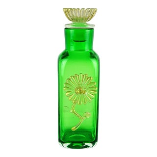 Vintage Murano Fratelli Toso Green Gold Flecks Applied Flower Italian Art Glass Mid Century Bottle Decanter For Sale