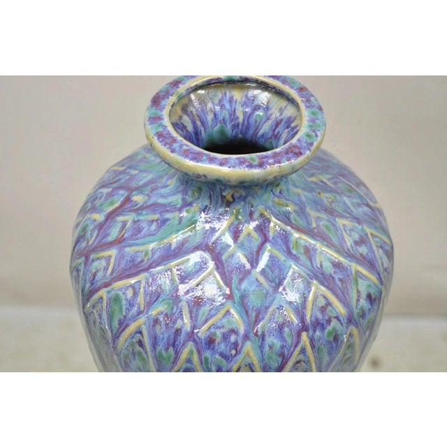 20th C. Mid Century Modern Ceramic Pottery Glazed Feather Pulled 20" Purple Blue Vase For Sale - Image 4 of 11