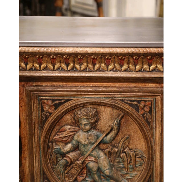 Early 19th Century French Renaissance Carved Oak Dry Bar With Tole Top For Sale - Image 12 of 14