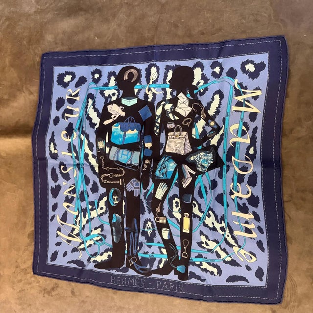 A 2000s Monsieur Et Madame Blue Silk Square Scarf by Hermès For Sale - Image 14 of 14