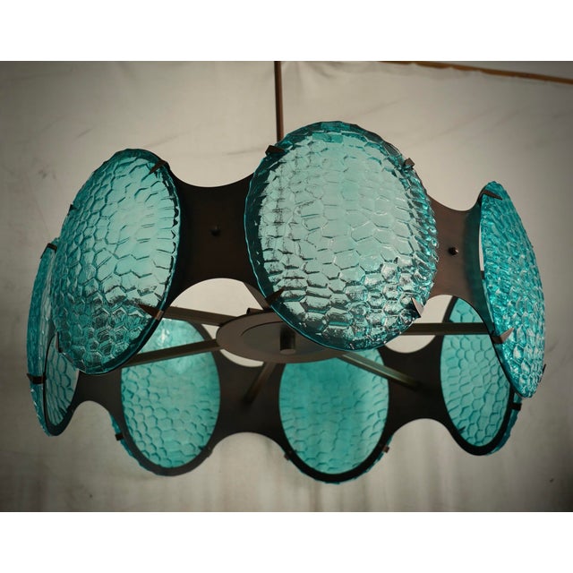 2000 - 2009 Mid-Century Italian Round Murano Glass and Bronze Chandelier, 2000s For Sale - Image 5 of 9