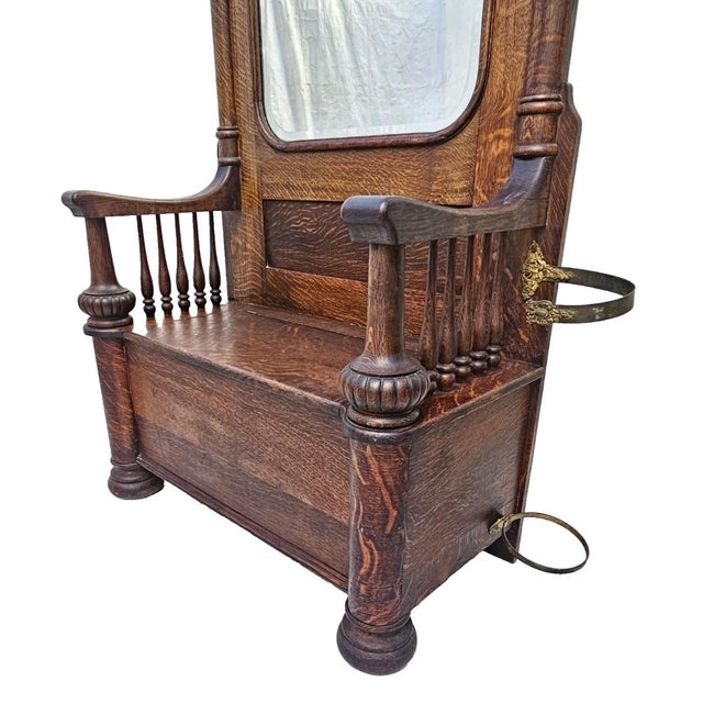 Wood Monumental Antique American Tiger Oak Hall Tree With Mirror & Lift-Top Seat, C. 1890s For Sale - Image 7 of 18