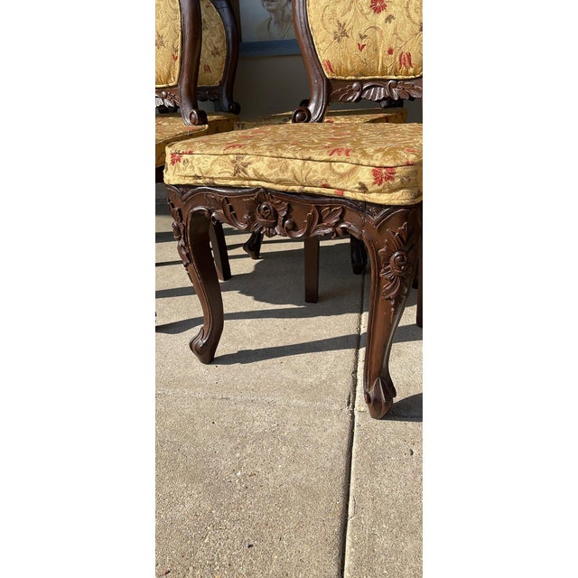Yellow Mid-Late 20th Century Vintage Rococo Revival Carved Accent Chairs in Yellow-Gold Floral Damask - 8 Pieces For Sale - Image 8 of 12