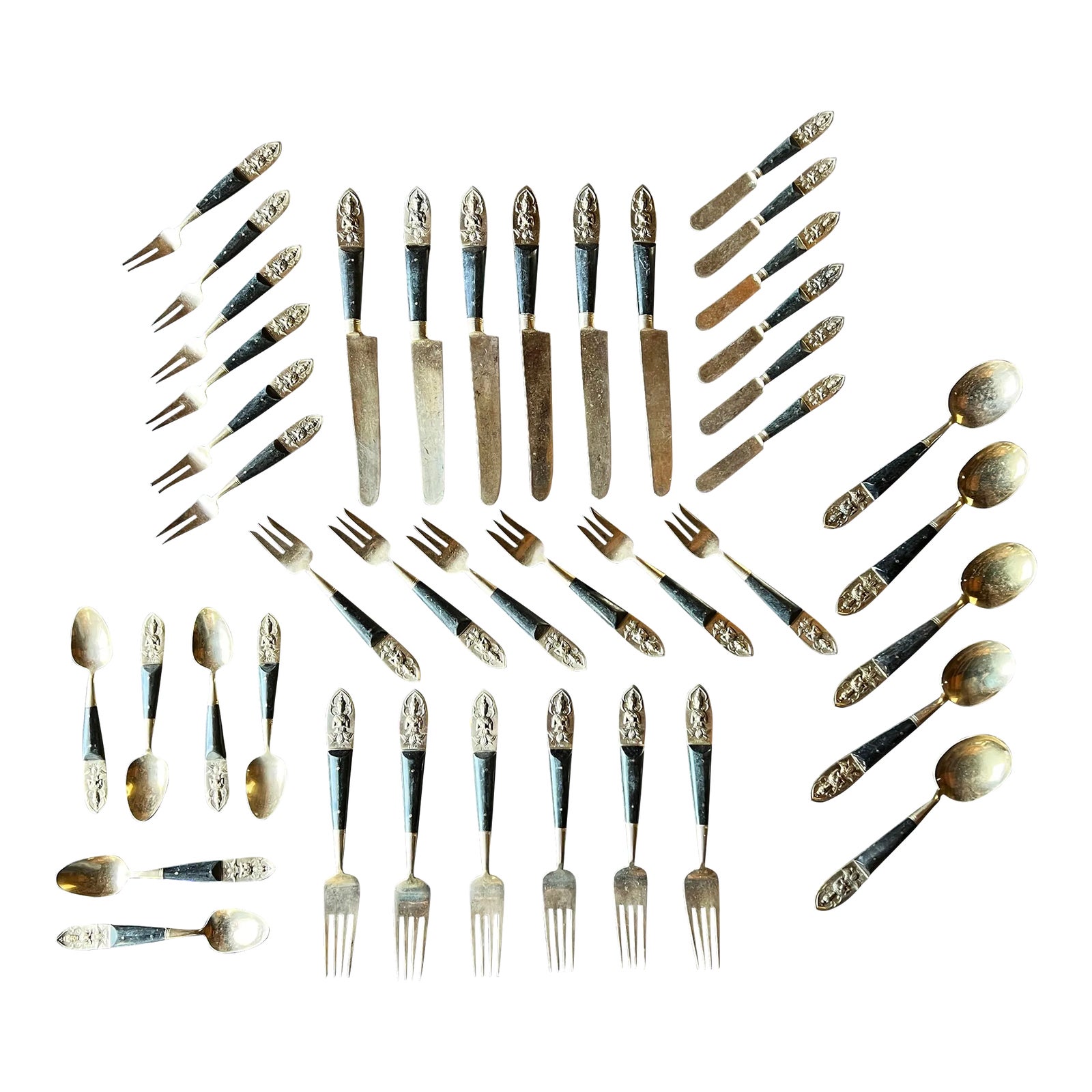 Vintage 1960's Thai Buddha Brass & Ebony Wood Flatware Set - Service for 6