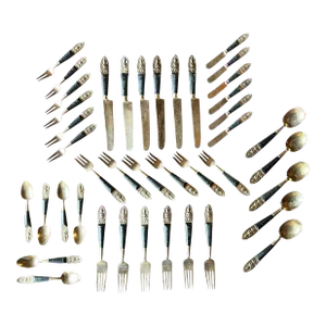 Vintage 1960's Thai Buddha Brass & Ebony Wood Flatware Set - Service for 6