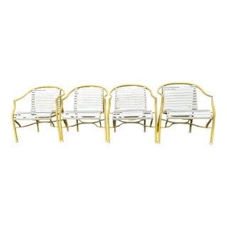 Vintage MCM Yellow Aluminum Patio Chairs Set of 4 White Vinyl Strap Retro For Sale