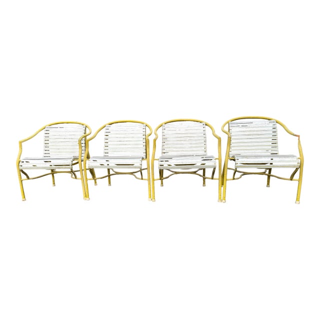 Vintage MCM Yellow Aluminum Patio Chairs Set of 4 White Vinyl Strap Retro For Sale