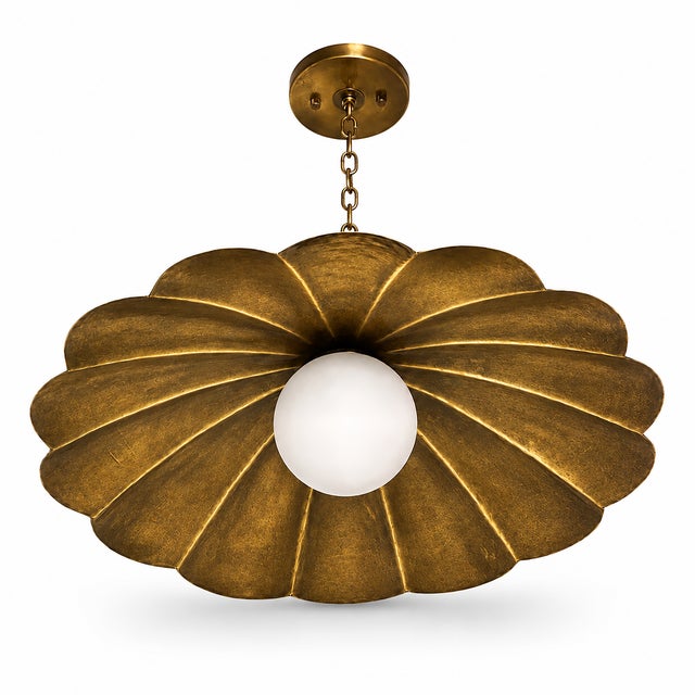 Art Deco Scalloped Brass Semi Flush Ceiling Light, Vintage Flower Pendant Fixture With Milk Glass Globe For Sale - Image 3 of 12
