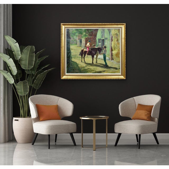 Harry Freckleton, Children with Their Pony in the Stableyard, 1960s, Oil on Canvas For Sale - Image 16 of 18