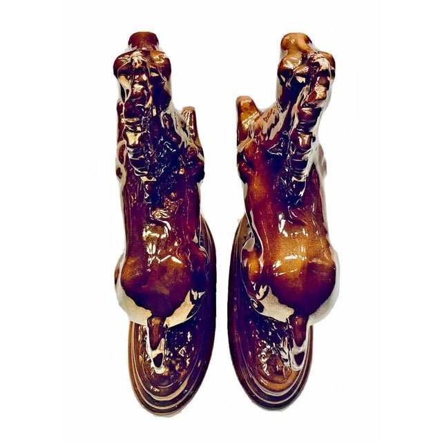 Early 20th Century Antique Staffordshire Copper Luster Rearing Stallion Mantle Figurines, Circa 1910 For Sale - Image 5 of 11